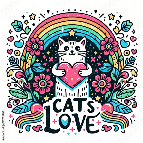 A cat holding a heart surrounded by flowers and rainbows photo attractive has illustrative meaning has illustrative meaning illustrator.