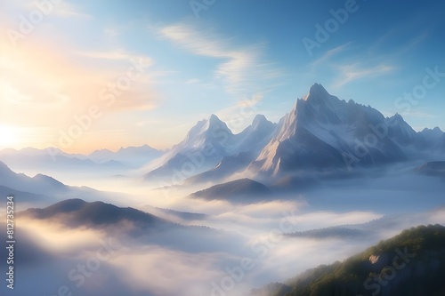  Wisps of fog clinging to the tops of mountains beneath a clear morning sky, as the sun begins to rise. 