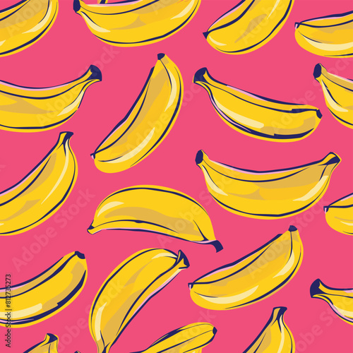 Vibrant pattern of yellow bananas on a vivid pink background.