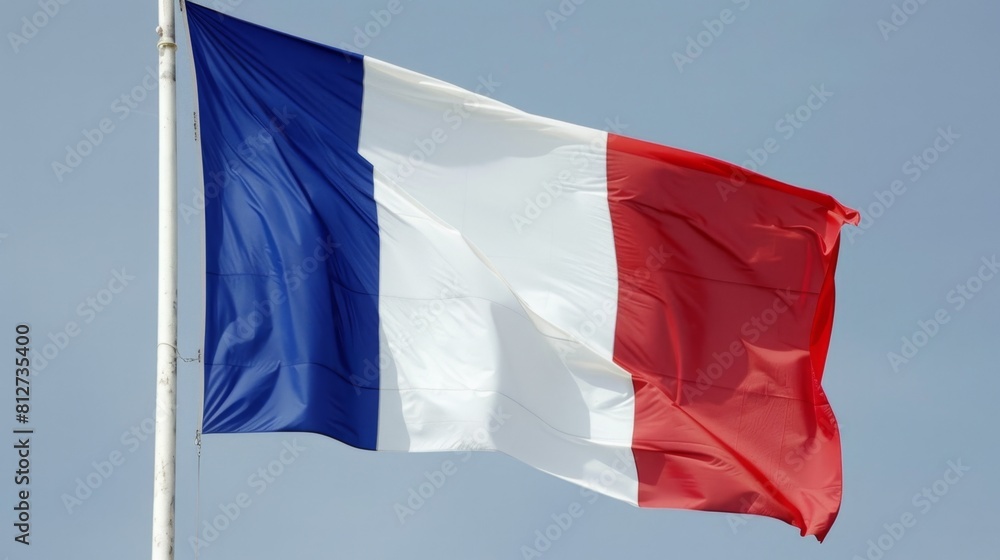 Majestic French Flag Waving Against Clear Blue Sky Majestic French Flag Waving Against Clear Blue Sky