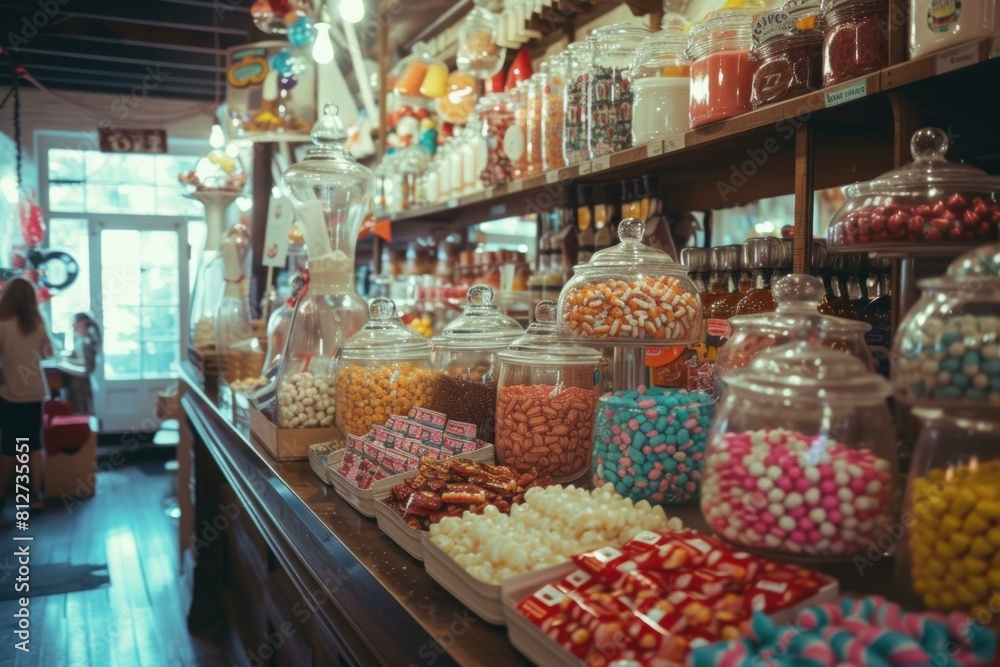 Cozy candy store filled with jars of colorful treats and a retro ambiance