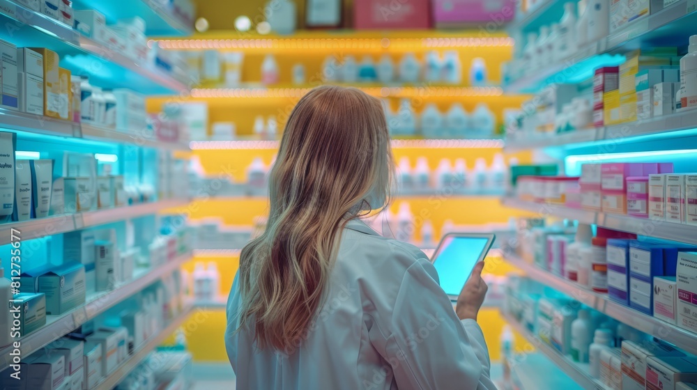 Pharmacist using digital tablet in brightly lit pharmacy with colorful medicine shelves.
