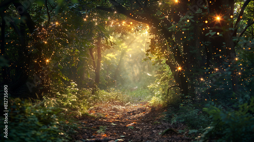 A forest with a bright light shining through a doorway. The light is surrounded by a misty glow  giving the scene a dreamy and ethereal atmosphere