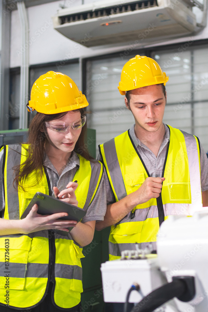 A Group of engineer are examining machine robot arm with smart tablet. Installation indoor industrial factory. Technician coworker check for repair maintenance electronic operation with remote system