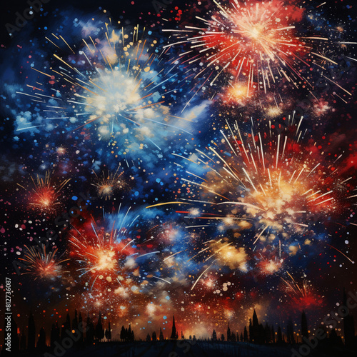 Fireworks in the night sky of the city.