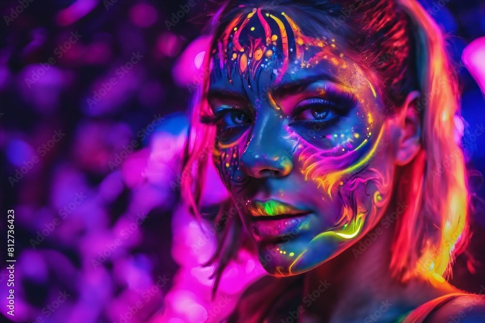 woman with neon face paint is the main focus of the image