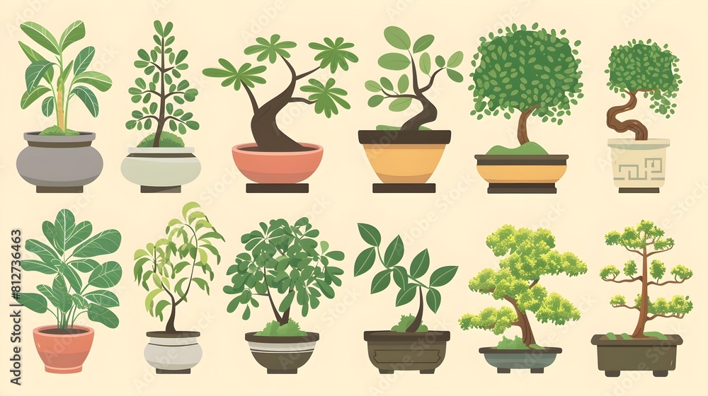 Diverse Indoor Potted Plants and Bonsai Trees in Decorative Pots for Cozy Home Atmosphere Diverse Indoor Potted Plants and Bonsai Trees in Decorative Pots for Cozy Home Atmosphere
