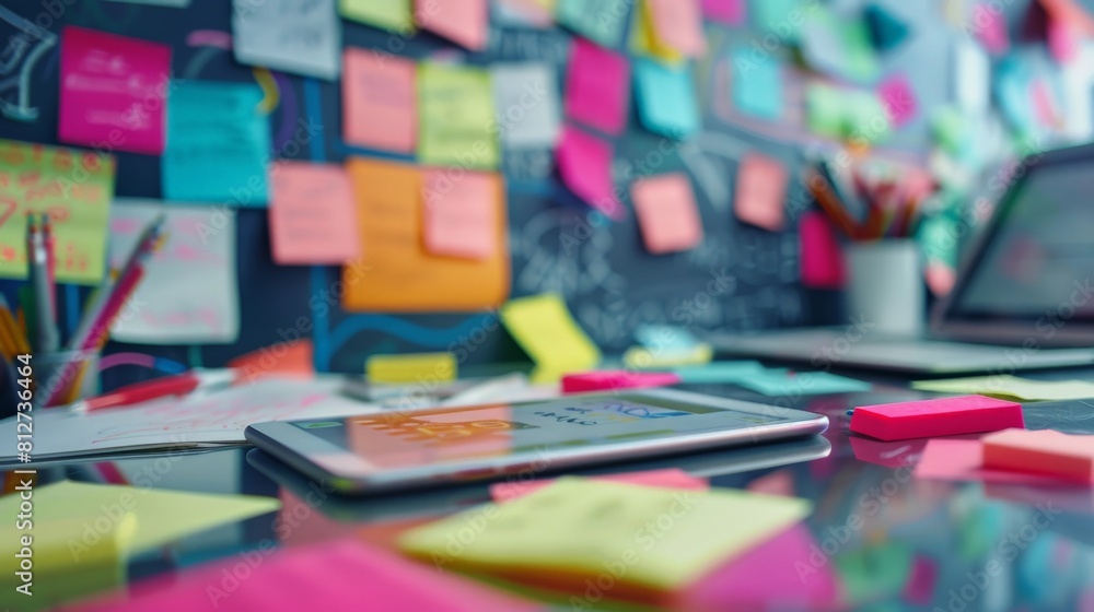 Fototapeta premium sticky notes in various colors on a glass table with a tablet and laptop in the background