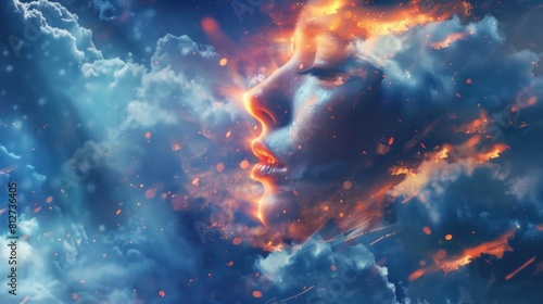 cloud turn in to woman face with burning light sparkle