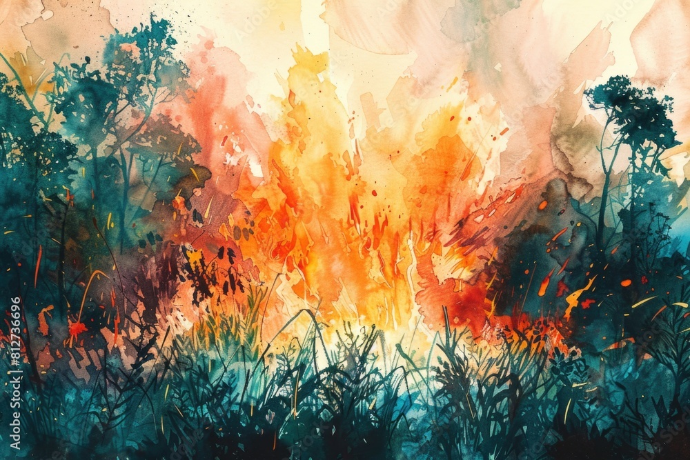 A painting of a fire in the middle of a field. Suitable for environmental or disaster-themed projects