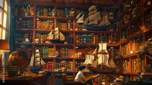 Cozy Library with Vintage Books and Nautical Accents Exploring Knowledge and Adventure Through Literature