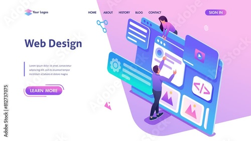 Isometric concept young people are engaged in web design, website page development. Template landing page for website