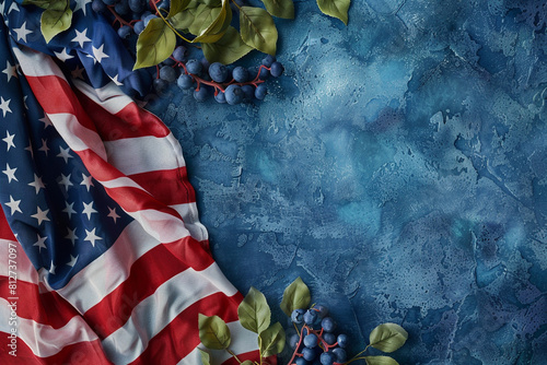 American flag showcased on a blueberry hue background, Memorial Day theme. photo