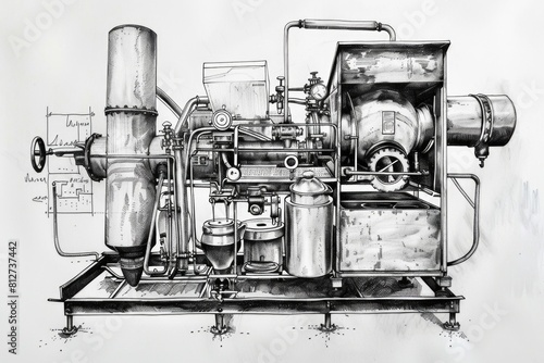 Detailed black and white drawing of a machine. Suitable for technical manuals or industrial design projects