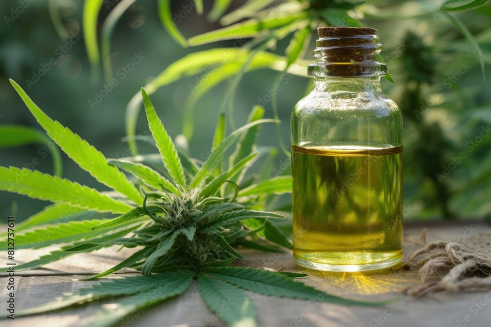 Clear bottle of cbd oil with a hemp leaf in natural sunlight, showcasing alternative medicine Clear bottle of cbd oil with a hemp leaf in natural sunlight, showcasing alternative medicine