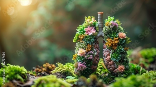 Healthy lungs filled with lush greens, moss, and flowers, set against a forest greenery background for World Asthma Day. photo