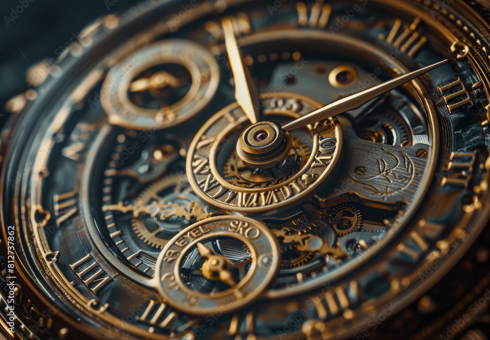 A closeup of the hands on an expensive watch, with intricate details and textures visible in the face and strap. The background is blurred to emphasize the focus on the timepiece
