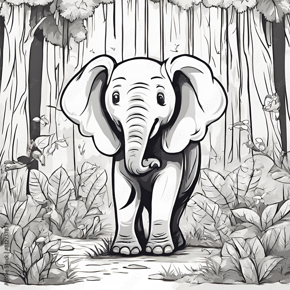 Naklejka premium cute cartoon elephant black-white background