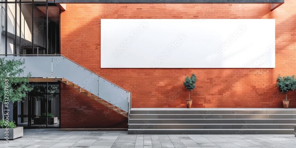 White blank empty billboard advertising poster mockup on red brick wall in modern city building 