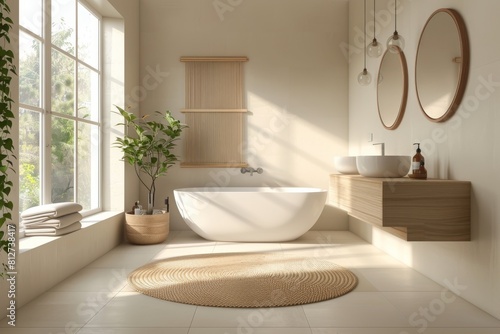 Minimalist Bathroom Mockup  A minimalist bathroom with clean lines  minimalistic fixtures  and ample storage