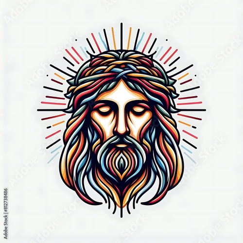 A colorful drawing of a jesus christ with a beard and crown of thorns harmony has illustrative meaning card design illustrator.