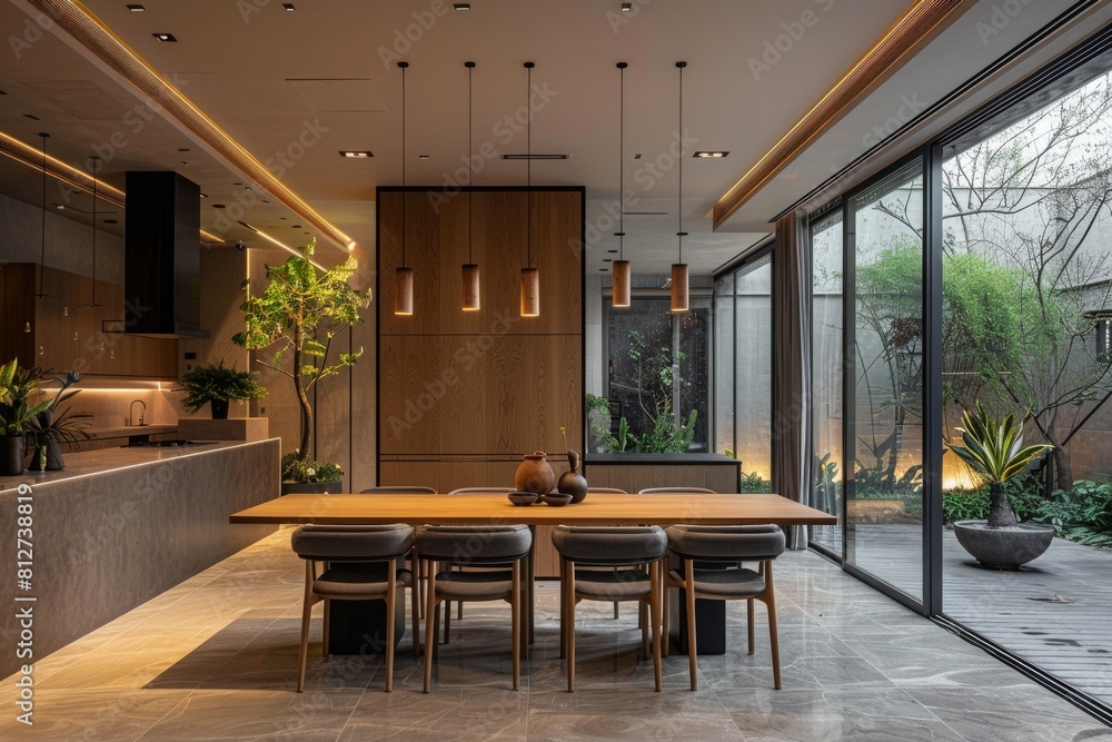 Fototapeta premium Minimalist Dining Area: A minimalist dining area with a sleek dining table, minimalist chairs, and pendant lighting