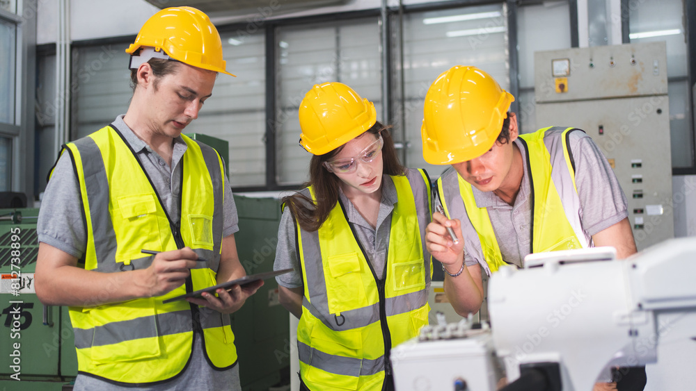 A Group of engineer are examining machine robot arm with smart tablet. Installation indoor industrial factory. Technician coworker check for repair maintenance electronic operation with remote system A Group of engineer are examining machine robot arm with smart tablet. Installation indoor industrial factory. Technician coworker check for repair maintenance electronic operation with remote system