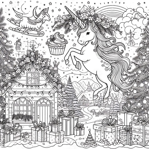 A coloring page of a unicorn image photo card design illustrator.