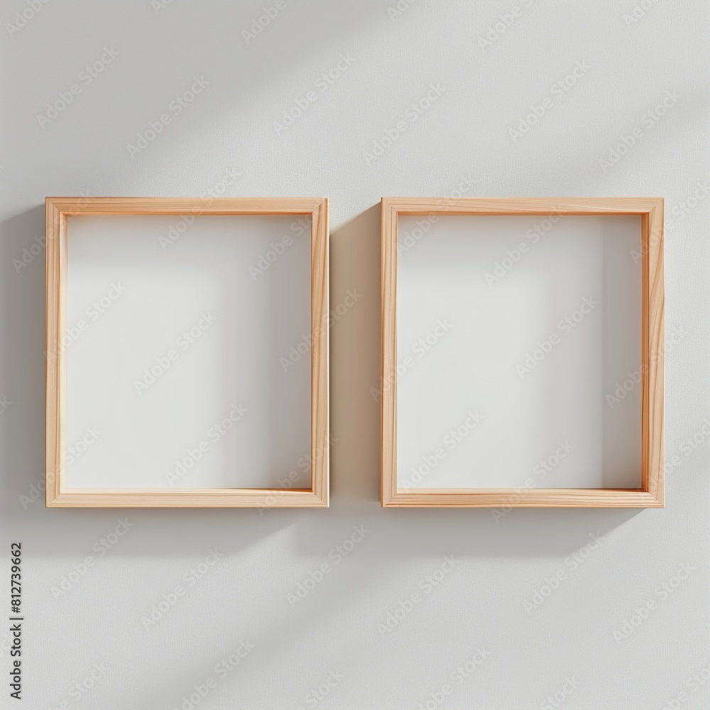 Two empty, wide, wooden frames on a light gray plain wall. Two empty, wide, wooden frames on a light gray plain wall.