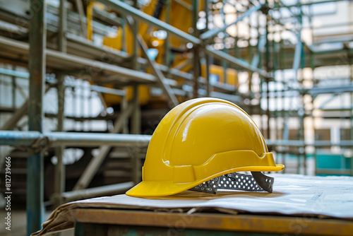 construction site with a helmet, Step into the world of construction with this mesmerizing visual featuring a close-up of a yellow safety helmet placed on a table at a bustling construction site
