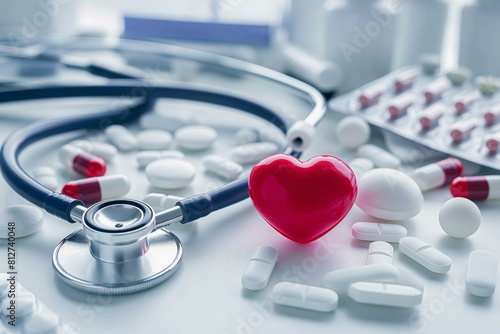 stethoscope and pills on the table, Step into the world of healthcare with this heartwarming visual featuring a stethoscope resting beside a red heart surrounded by assorted pills and medical equipmen photo