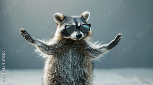 Raccoon meme with sunglasses who parties, grey background, 16:9