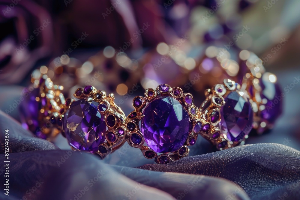 A detailed view of a bracelet with purple stones. Ideal for jewelry and fashion concepts A detailed view of a bracelet with purple stones. Ideal for jewelry and fashion concepts