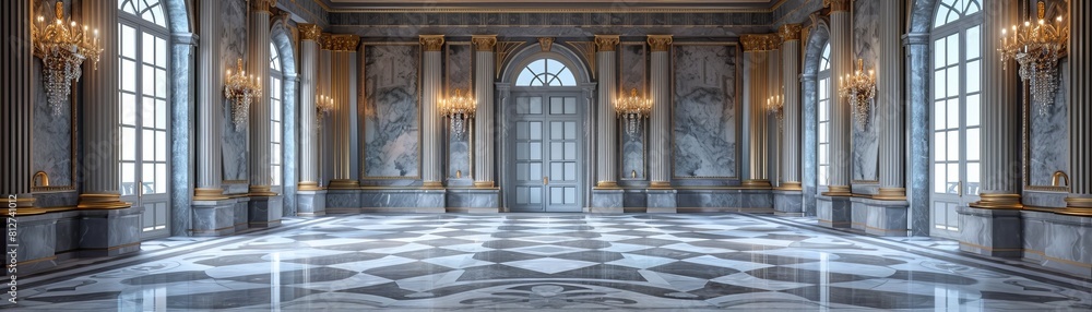Opulent French Neoclassical Interior with Creamy Walls and Silver Filigree Marble Panels, Illuminated by Crystal Sconces, Ideal for High-end Product Shoots. Opulent French Neoclassical Interior with Creamy Walls and Silver Filigree Marble Panels, Illuminated by Crystal Sconces, Ideal for High-end Product Shoots.