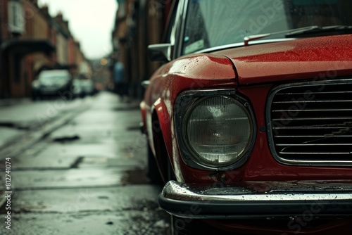 Vintage red car parked on a rainy cobblestone road in an old town