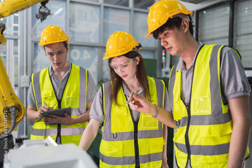 A Group of engineer are examining machine robot arm with smart tablet. Installation indoor industrial factory. Technician coworker check for repair maintenance electronic operation with remote system A Group of engineer are examining machine robot arm with smart tablet. Installation indoor industrial factory. Technician coworker check for repair maintenance electronic operation with remote system