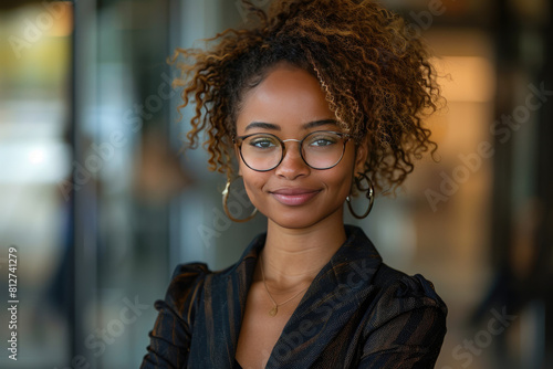 portrait of smiling African American businesswoman with curly hair wearing glasses. Created with AI