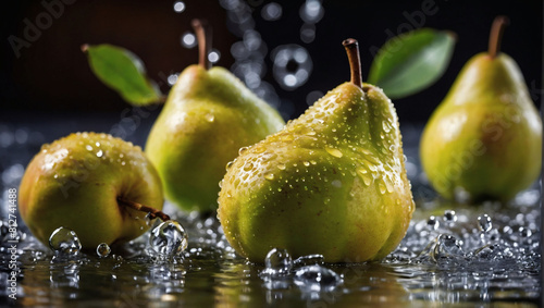 Juicy Pear Delight  Fresh Ripe Pears Glistening with Water Droplets  Creating a Tempting Background.
