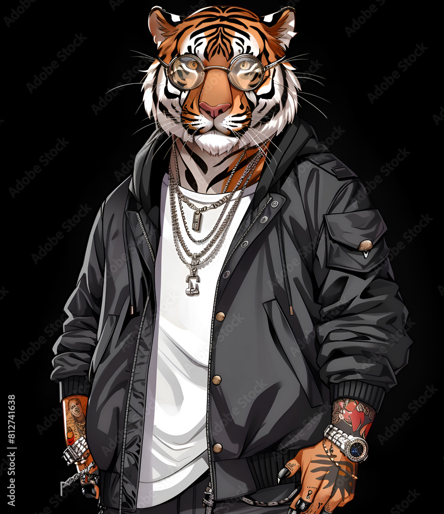 A tiger wearing glasses and a black jacket. The tiger is wearing a lot of jewelry and has tattoos on his arms. Generative AI A tiger wearing glasses and a black jacket. The tiger is wearing a lot of jewelry and has tattoos on his arms. Generative AI