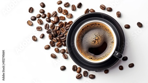 A cup of coffee on a saucer with coffee beans scattered around it on a white background.