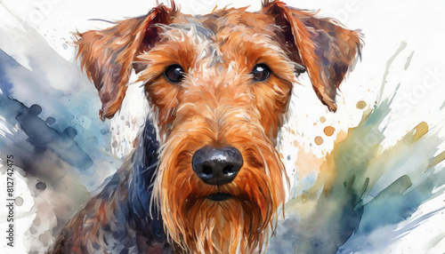 Watercolor illustration black brown Airedale Terrier breed dog, puppy portrait, cute home pet photo