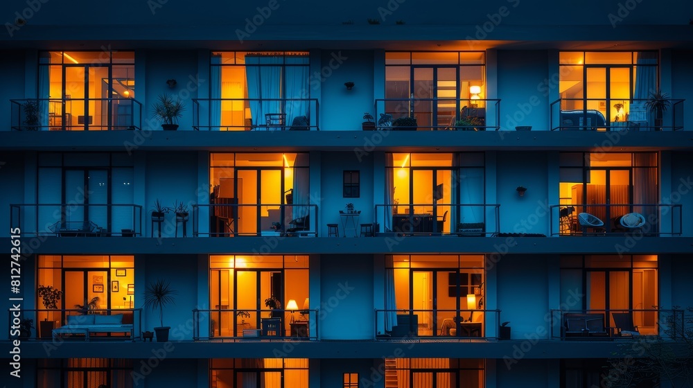 Modern bank building facade illuminated at twilight in the urban cityscape, shining brightly Modern bank building facade illuminated at twilight in the urban cityscape, shining brightly