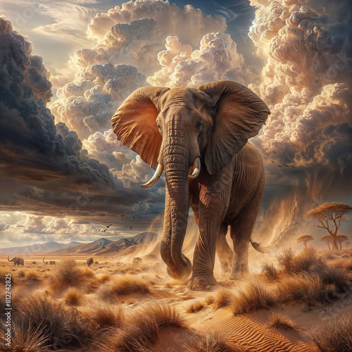 painting of an elephant walking in the desert with a cloudy sky, an elephant in the savannah, beautiful painting of a tall, elephant, highly detailed digital artwork, realistic illustration, digital p