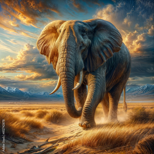 painting of an elephant walking in the desert with a cloudy sky, an elephant in the savannah, beautiful painting of a tall, elephant, highly detailed digital artwork, realistic illustration, digital p
