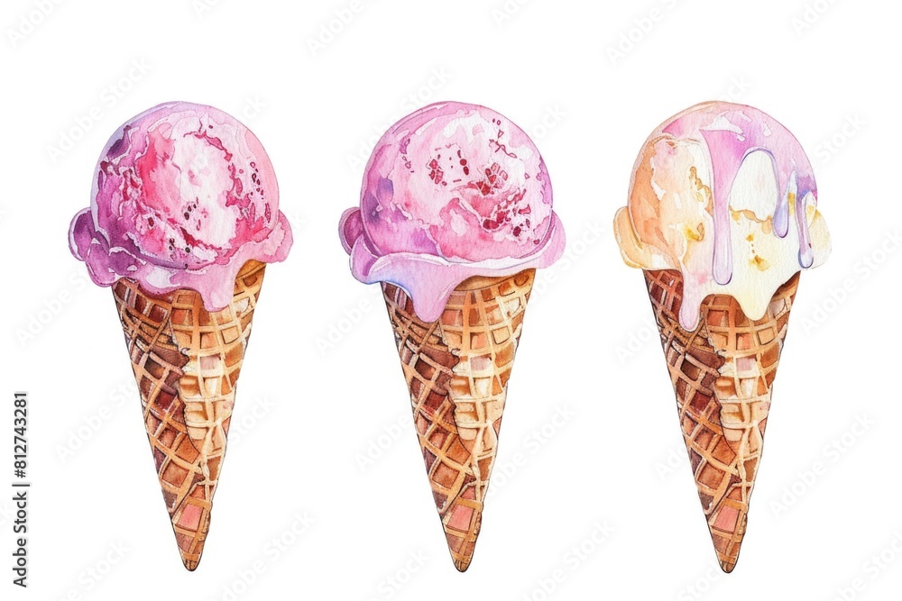 Three delicious ice cream cones with different flavors, perfect for summer treats. Great for food and dessert concepts Three delicious ice cream cones with different flavors, perfect for summer treats. Great for food and dessert concepts
