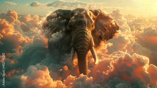 An elephant soaring through the clouds, with its trunk extended and tusks glowing in the sunlight, symbolizing freedom and power photo