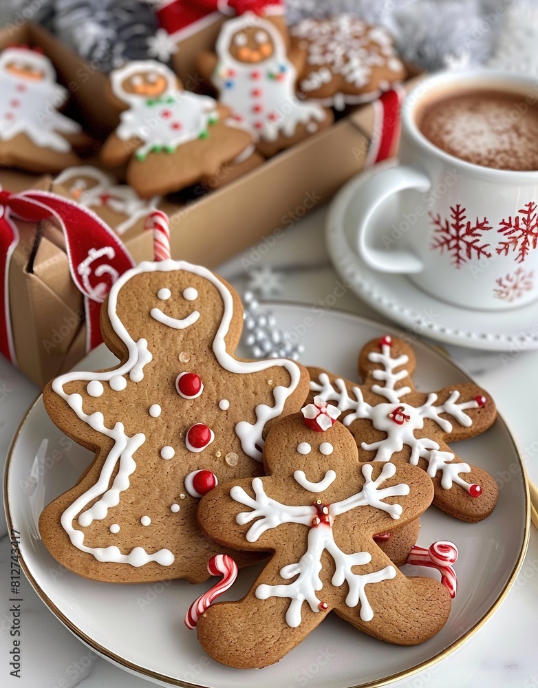 A plate of decorated gingerbread cookies and Christmas tree shaped sugar cookies were on the table. A plate of decorated gingerbread cookies and Christmas tree shaped sugar cookies were on the table.