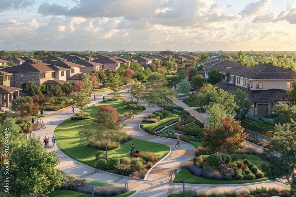 Fototapeta premium Neighborhood, Gated Community with Private Park and Recreational Facilities