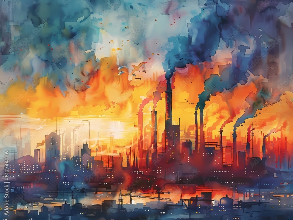 Obraz premium A watercolor painting of an industrial city
