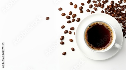 Black coffee in a white cup on a white background with scattered coffee beans.